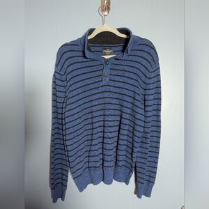 American Eagle Men's Blue and Black Striped 1/4 Button Sweater L Y2K Preppy